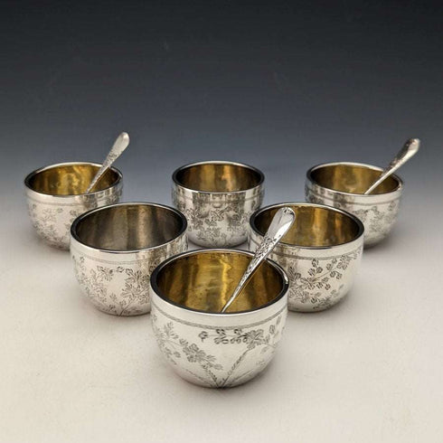 Saleros de plata de ley (925) antiguos ingleses de 1884, juego de 6 piezas con 3 cucharas, 184 g en total, Wakely & Wheeler
