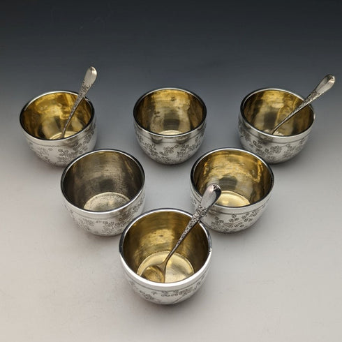 Saleros de plata de ley (925) antiguos ingleses de 1884, juego de 6 piezas con 3 cucharas, 184 g en total, Wakely & Wheeler