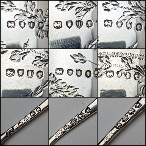 Saleros de plata de ley (925) antiguos ingleses de 1884, juego de 6 piezas con 3 cucharas, 184 g en total, Wakely & Wheeler
