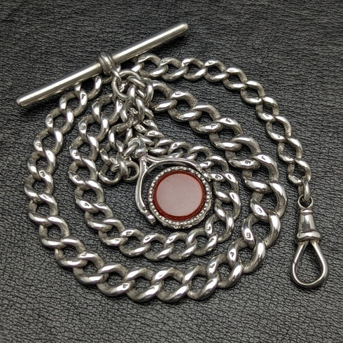 1900年頃 英国アンティーク 純銀アルバートチェーン 41g 2色天然石回転フォブ