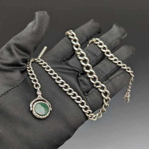 1900年頃 英国アンティーク 純銀アルバートチェーン 41g 2色天然石回転フォブ