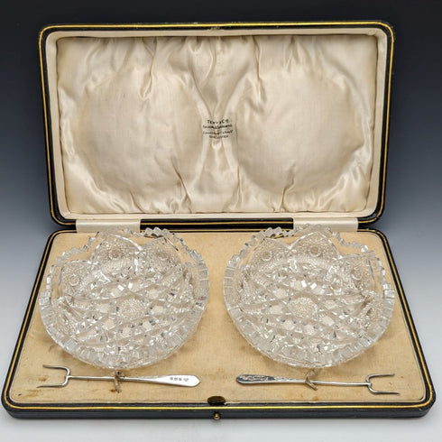 1925年 英国ヴィンテージ カットグラスボウルペア 純銀フォークセット 箱入り Adie Brothers