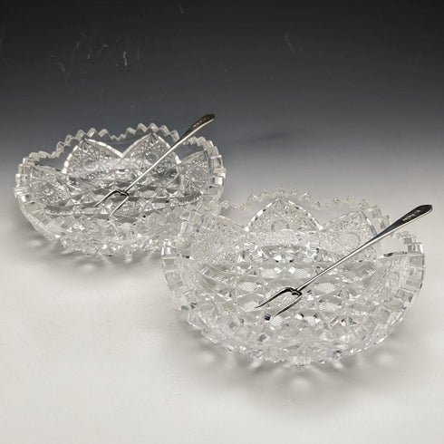 1925年 英国ヴィンテージ カットグラスボウルペア 純銀フォークセット 箱入り Adie Brothers