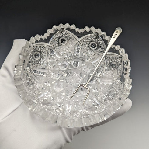 1925年 英国ヴィンテージ カットグラスボウルペア 純銀フォークセット 箱入り Adie Brothers