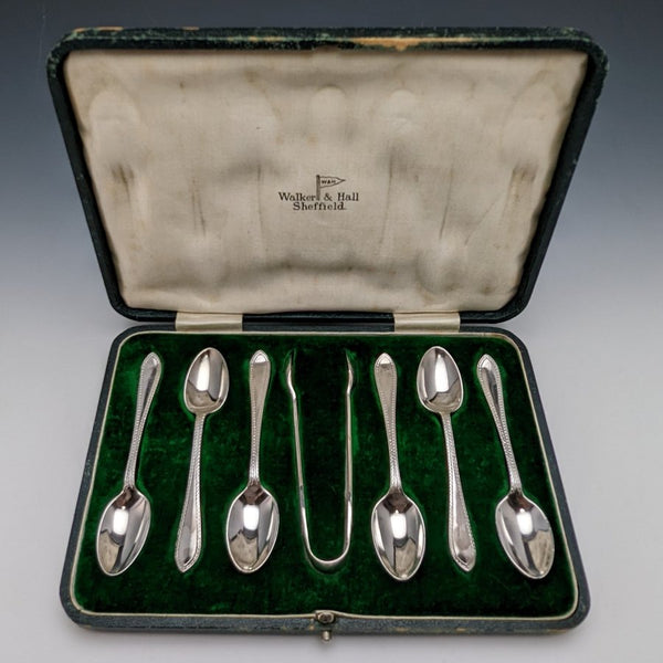 Around 1916 British Antique Pure Silver (925 Silver) 6 Teaspoons & Sugar Tong Set in Case Walker & Hall