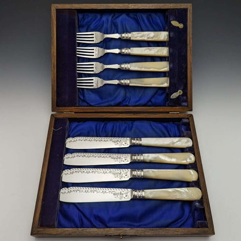 1897 年英國古董純銀(925 銀)刀片拖把柄魚餐具 4x2 套裝 Allen & Darwin 盒裝