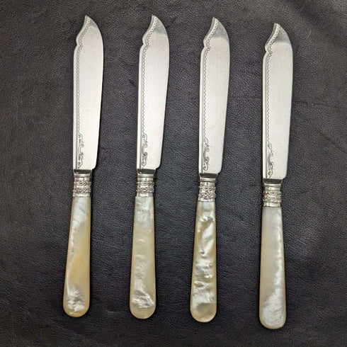1897 年英國古董純銀(925 銀)刀片拖把柄魚餐具 4x2 套裝 Allen & Darwin 盒裝