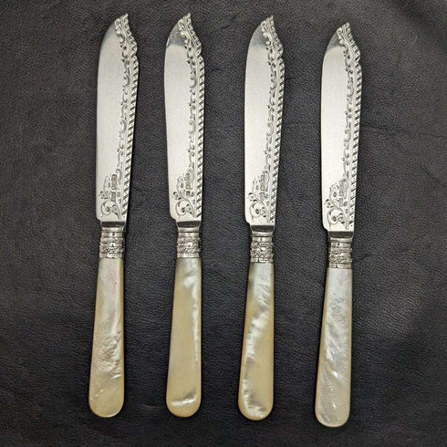 1897 年英國古董純銀(925 銀)刀片拖把柄魚餐具 4x2 套裝 Allen & Darwin 盒裝