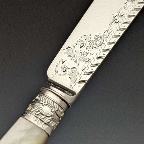 1897 年英國古董純銀(925 銀)刀片拖把柄魚餐具 4x2 套裝 Allen & Darwin 盒裝