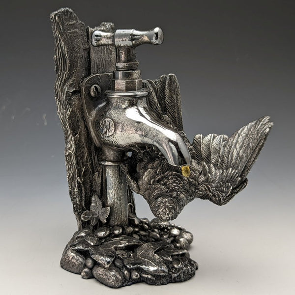 Sterling Silver Sculpture Little Bird and Faucet Figurine 567g Height 15cm UK Country Artists