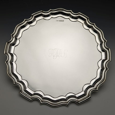 Bandeja vintage de plata de ley (925) de 1929, Reino Unido, 26 cm de diámetro, 521 g, Walker & Hall