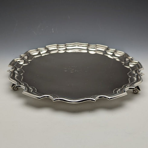 Bandeja vintage de plata de ley (925) de 1929, Reino Unido, 26 cm de diámetro, 521 g, Walker & Hall