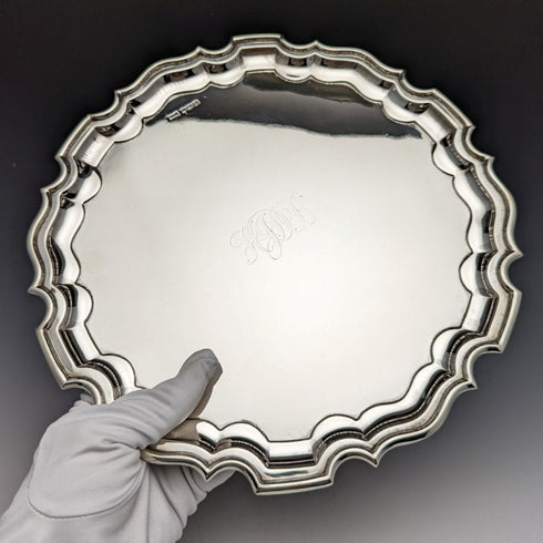 Bandeja vintage de plata de ley (925) de 1929, Reino Unido, 26 cm de diámetro, 521 g, Walker & Hall
