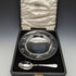 Circa 1940 British vintage sterling silver dish and spoon, diameter 17.5cm, total weight 245g, Finningans, case included