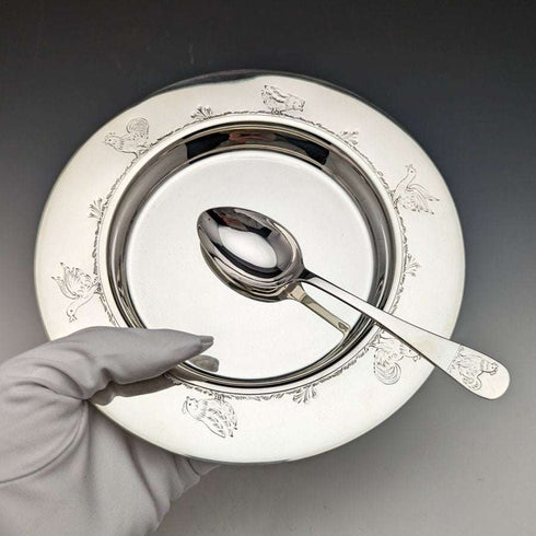 1940年頃 英国ヴィンテージ 純銀製ディッシュ&スプーン 直径17.5cm 計245g Finningans ケース入り