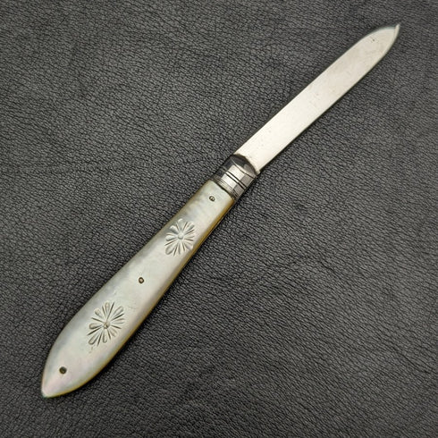 1895 British Antique White Pearl Shell Handle Pure Silver Blade Folding Pen Knife Mappin Brothers