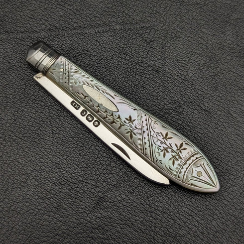 1895 British Antique White Pearl Shell Handle Pure Silver Blade Folding Pen Knife Mappin Brothers