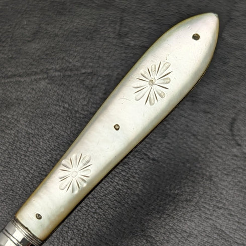 1895 British Antique White Pearl Shell Handle Pure Silver Blade Folding Pen Knife Mappin Brothers