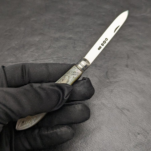 1895 British Antique White Pearl Shell Handle Pure Silver Blade Folding Pen Knife Mappin Brothers