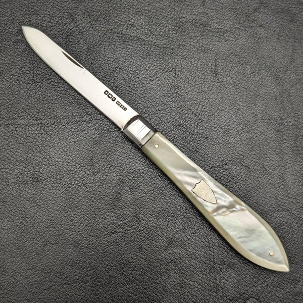 1926 British Vintage White Pearl Shell Handle Pure Silver Blade Folding Pen Knife Harrison Fisher