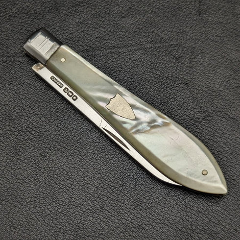 1926 年英國復古白珍珠貝殼手柄純銀刀片折疊筆刀 Harrison Fisher