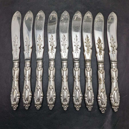 1850 年左右英國古董銀盤刀 x9 套裝 Harrison Brothers & Howson 盒裝