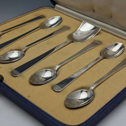Set de 6 cucharillas de té y pala para azúcar de plata de ley (925) vintage británica de 1937, en estuche, Mappin & Webb