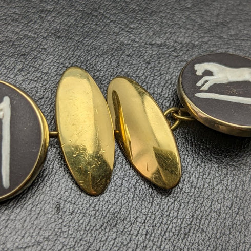 British Vintage Wedgwood Horse Relief Sterling Silver Cufflinks with Gold Decoration