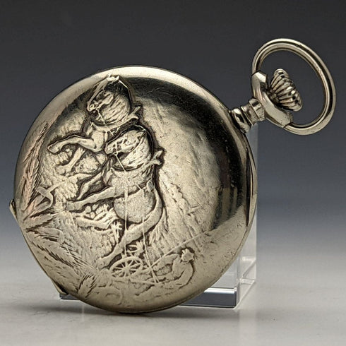 antique good operation Swiss made EHRoundly horse sculpture hunter case mechanical pocket watch