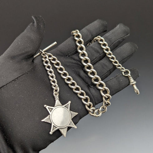 1900年頃 英国アンティーク 純銀(925シルバー)アルバートチェーン 55g メダルフォブ