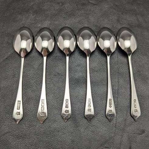 Juego de 6 cucharillas de té de plata de ley con sello múltiple, vintage británico de 1959, en su estuche original.