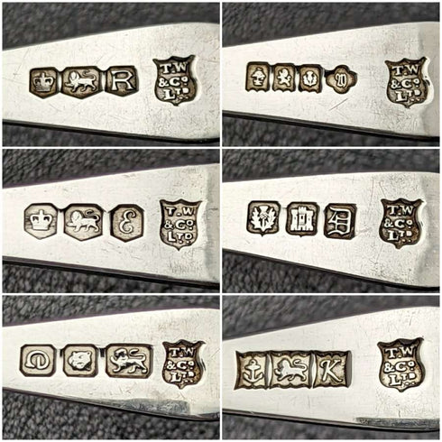 Juego de 6 cucharillas de té de plata de ley con sello múltiple, vintage británico de 1959, en su estuche original.