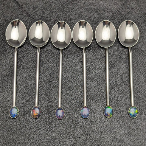 復古純銀茶匙 6 件裝蛋白石裝飾盒