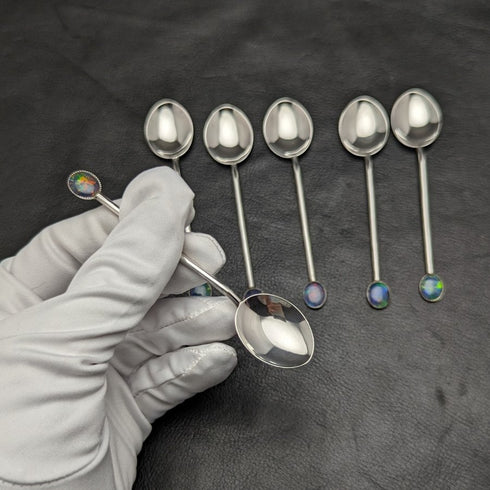 復古純銀茶匙 6 件裝蛋白石裝飾盒