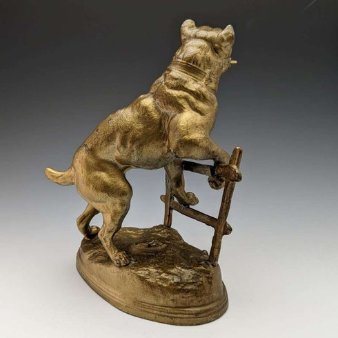 Soporte para reloj de bolsillo de bronce antiguo, circa 1900, con estatua de pitbull