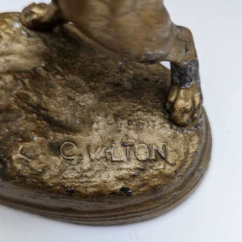 Soporte para reloj de bolsillo de bronce antiguo, circa 1900, con estatua de pitbull