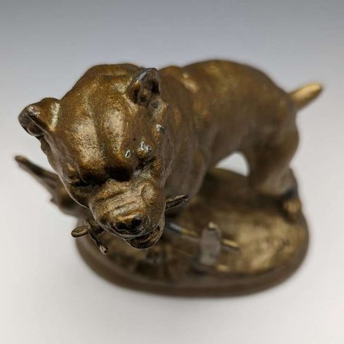 Soporte para reloj de bolsillo de bronce antiguo, circa 1900, con estatua de pitbull