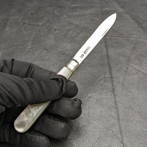 1897 年英國古董折疊筆刀白色珍珠手柄純銀刀片