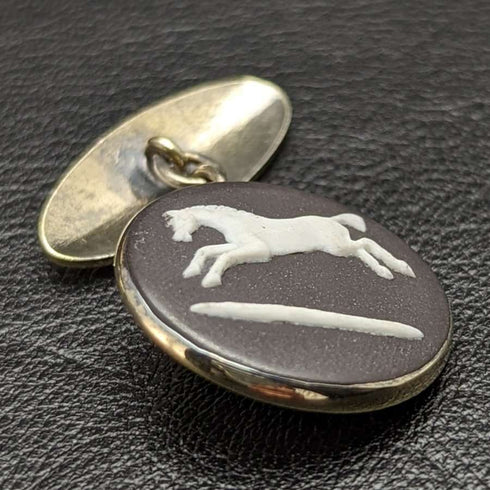 British Vintage Wedgwood Horse Relief Sterling Silver Cufflinks in Case