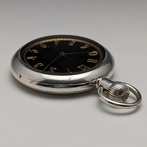 【整備済】英国アンティーク Lancashire Watch Co 懐中時計 銀側ケース ブラックダイヤル