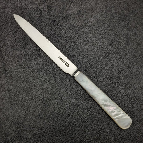 1915 年英國古董水果餐具套裝純銀刀片白珍珠貝殼手柄盒②