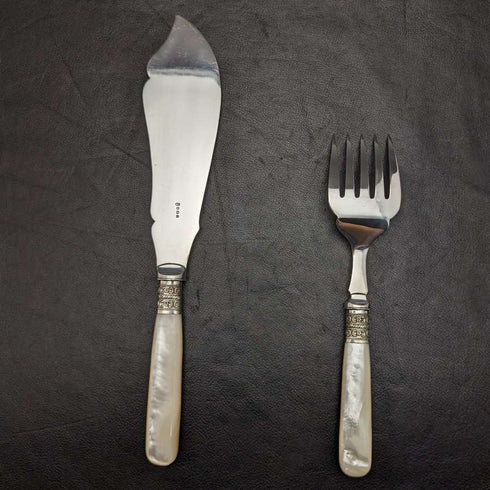 Juego de cubiertos para pescado de plata chapada, antigüedades británicas, con mangos de nácar