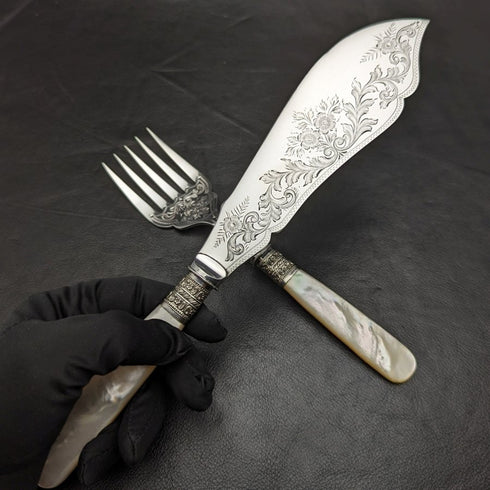 Juego de cubiertos para pescado de plata chapada, antigüedades británicas, con mangos de nácar