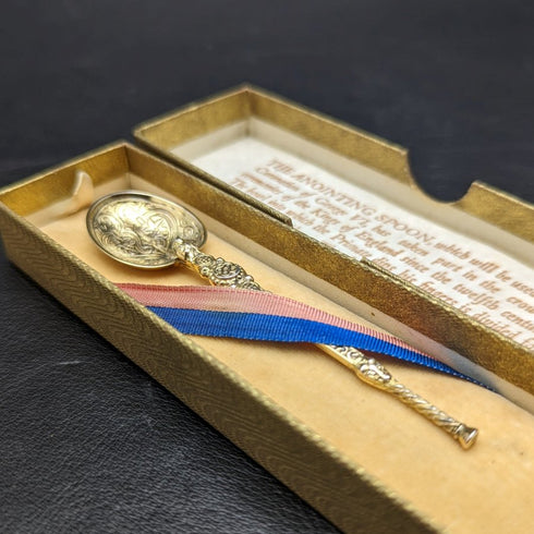 1936 英國復古純銀膏油勺帶鍍金裝飾盒裝