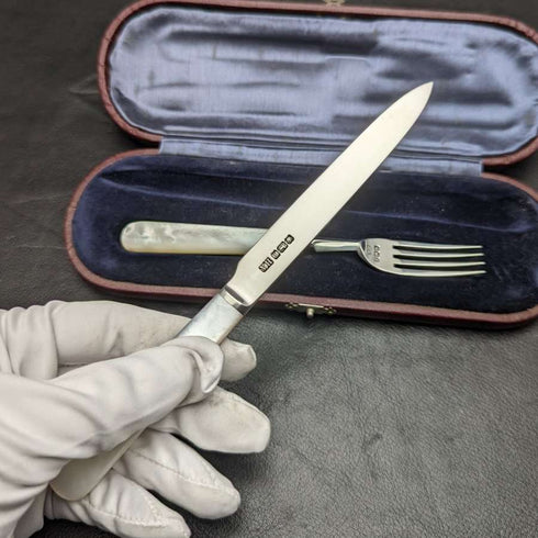 1915년 영국 앤틱 과일 커틀러리 세트 순은 블레이드 백접패 핸들 박스 포함①