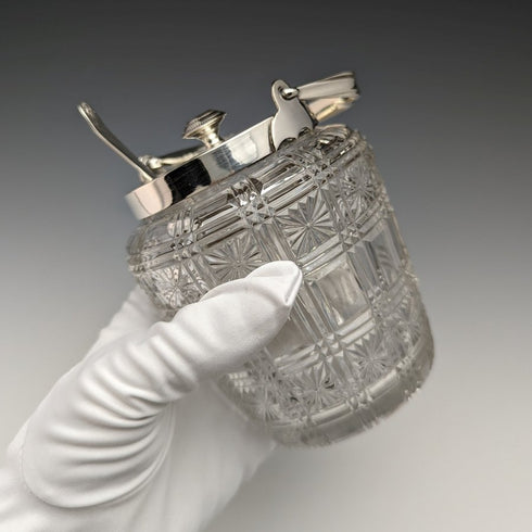 英国アンティーク カットガラス ジャムポット シルバープレート蓋 スプーン付き