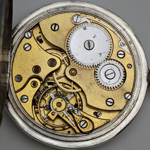 Antique Swiss-made pocket watch Engraved silver side open face Paper dial Works well