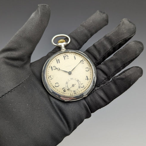 Antique Swiss-made pocket watch Engraved silver side open face Paper dial Works well