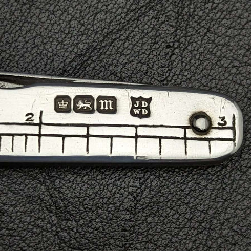 1904年 英国アンティーク 純銀ハンドル 折りたたみミニナイフ 物差し付き