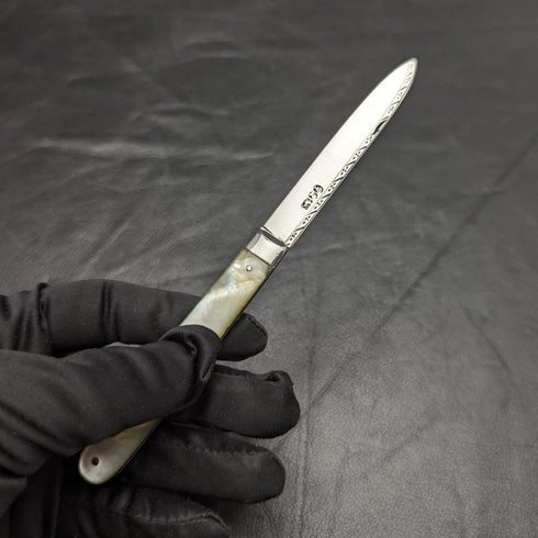 1816 年英國古董白珍珠貝殼手柄純銀刀片折疊筆刀